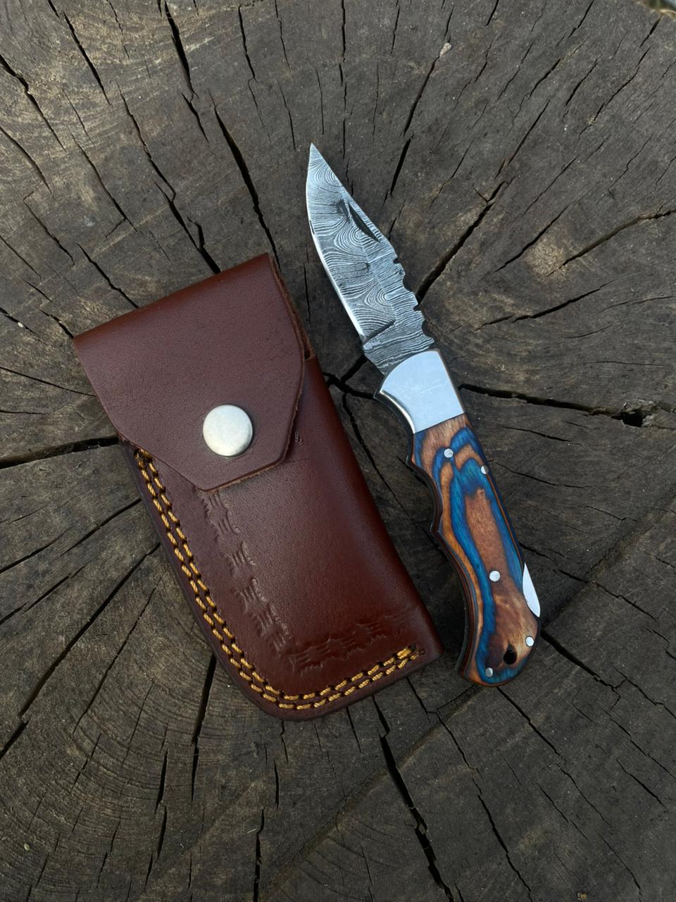 Rose Wood Folding Knife With Leather Cover