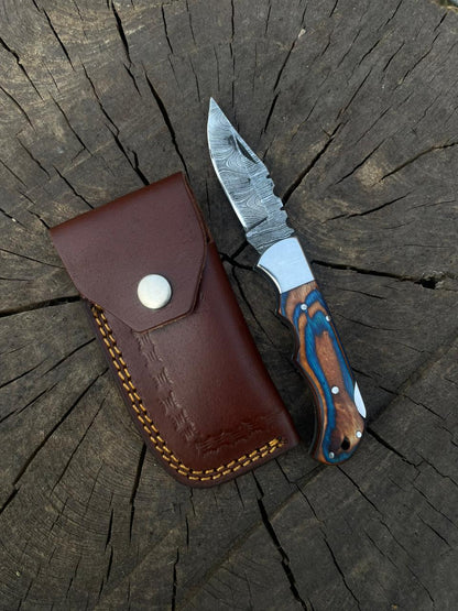 Rose Wood Folding Knife With Leather Cover