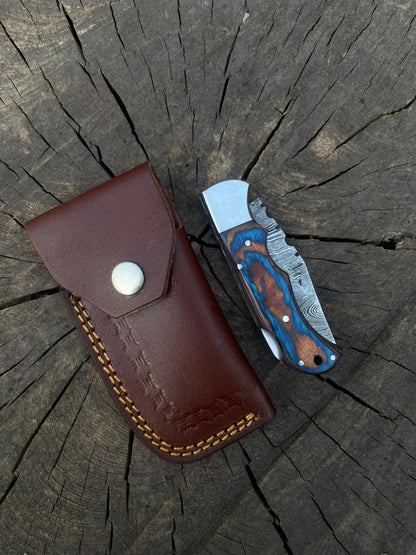 Rose Wood Folding Knife With Leather Cover