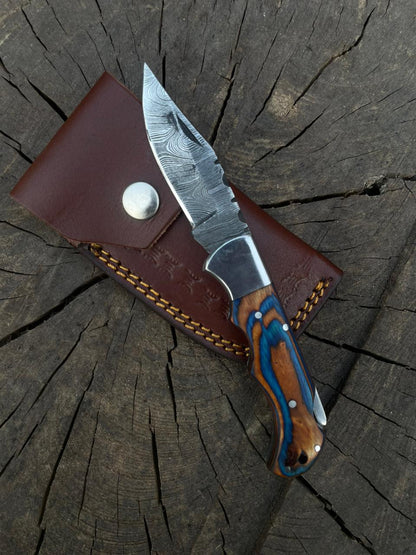 Rose Wood Folding Knife With Leather Cover