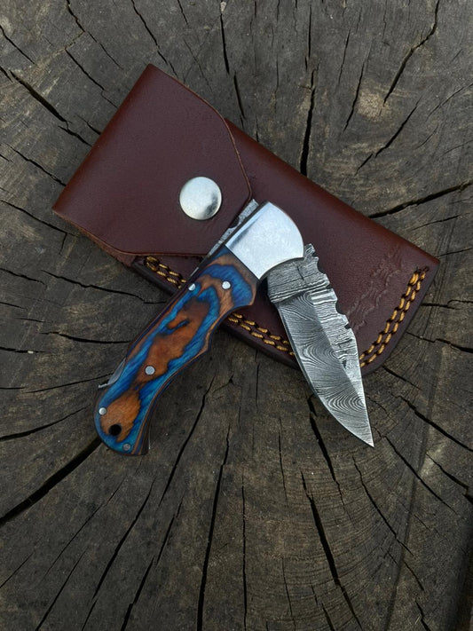 Rose Wood Folding Knife With Leather Cover